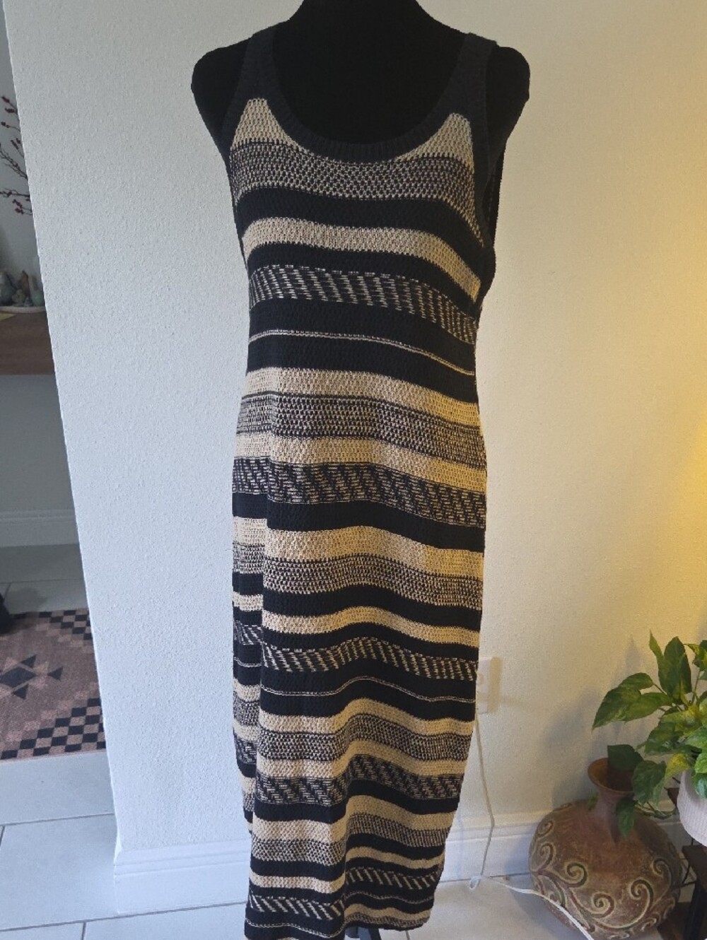 Ralph Lauren Black and Tan Striped Knit Midi Tank Dress - Picture 2 of 5